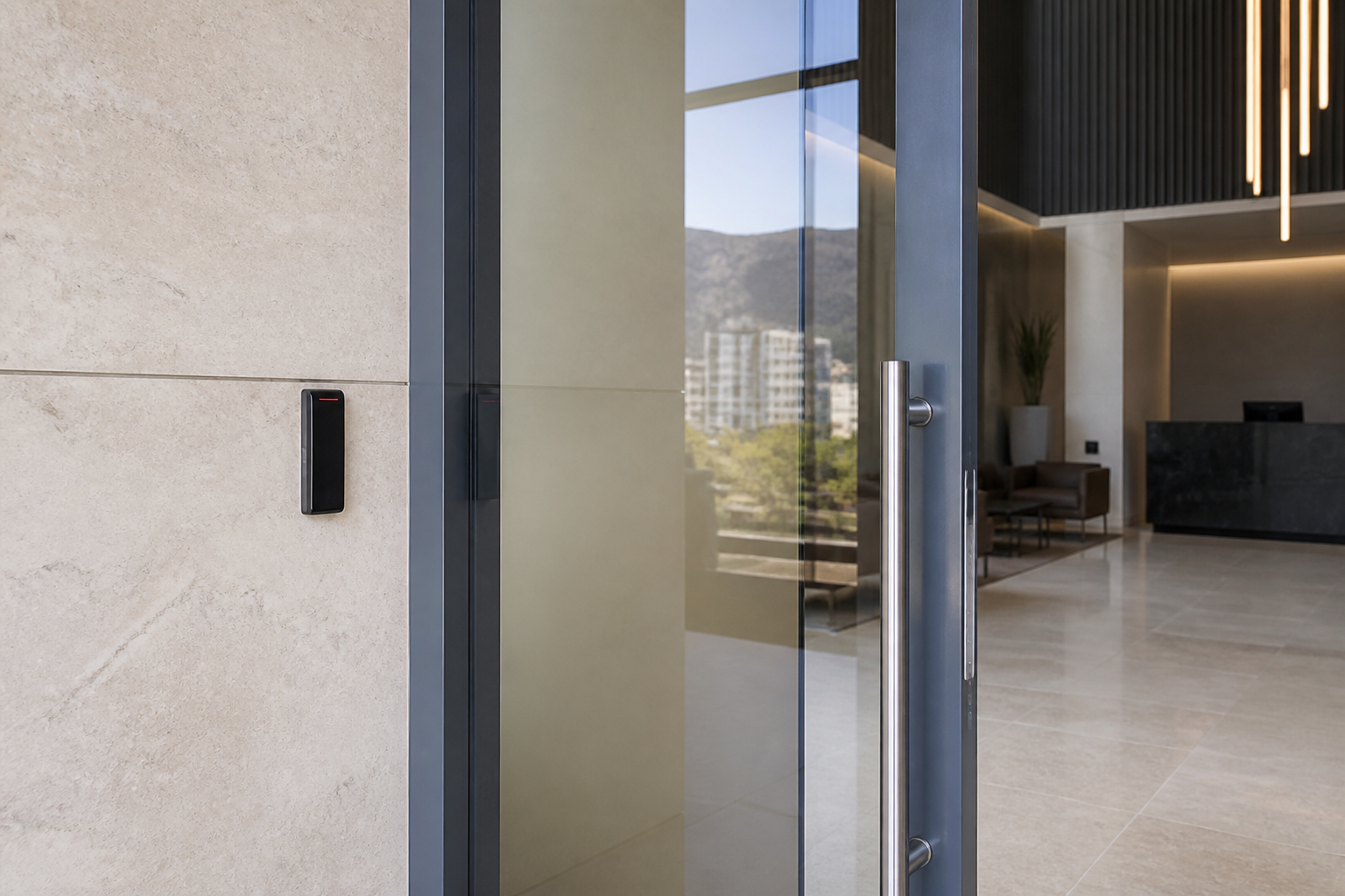 Corporate lobby with turnstile, RFID readers and magnetically locked doors