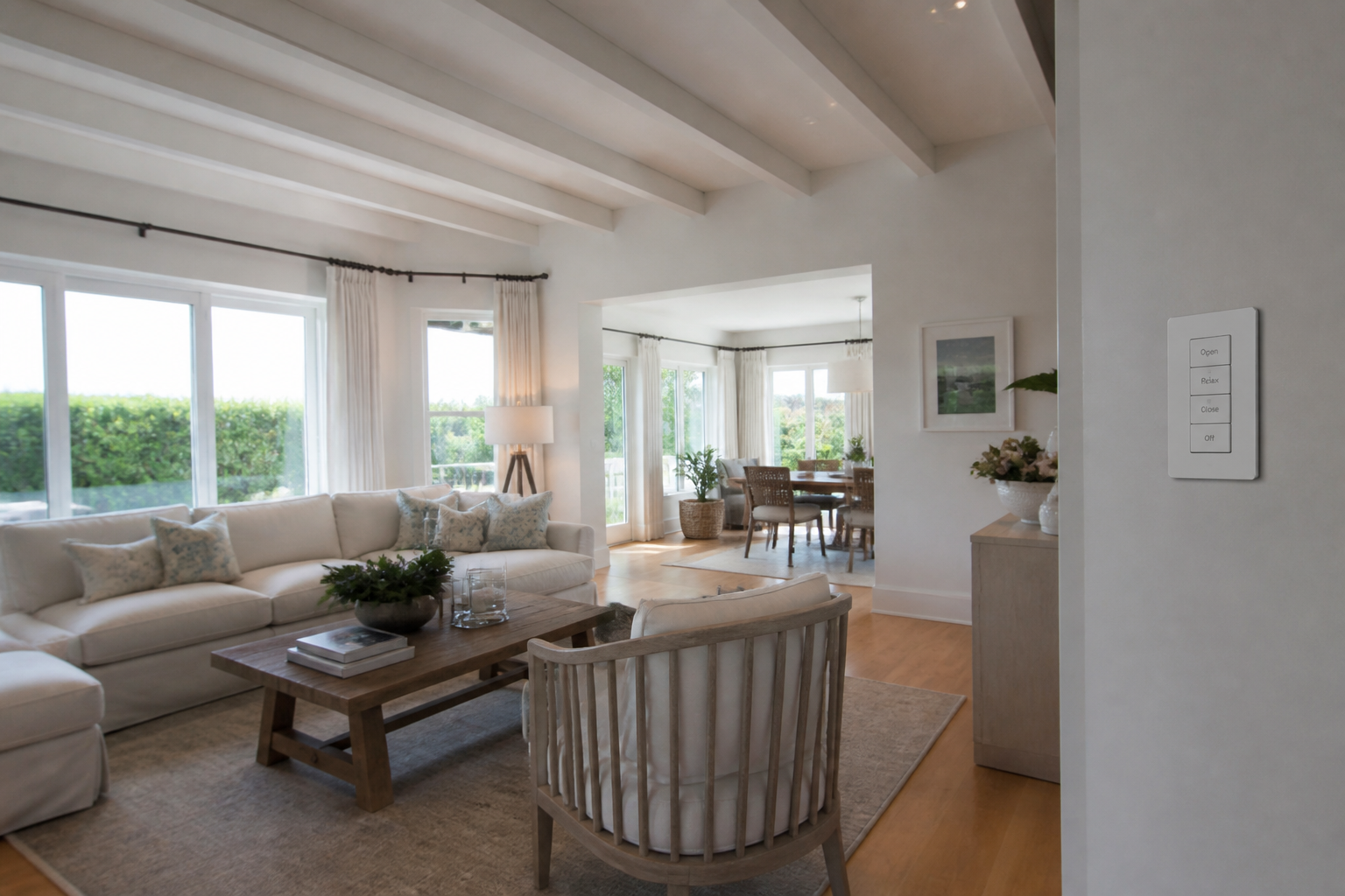 Interior with dimmable lighting, motorised blinds and a simple control interface