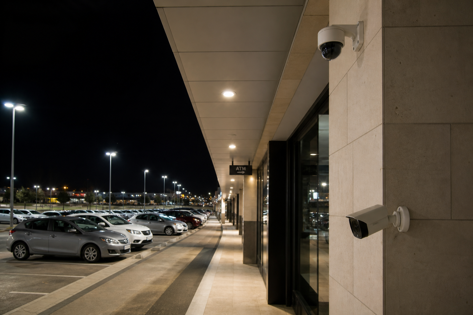 Night-time commercial facade with dome and bullet CCTV cameras