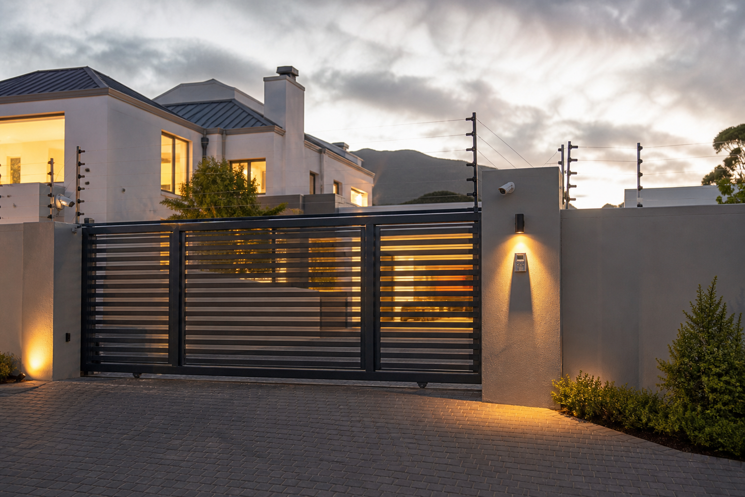 South African home with wall-top electric fencing, automated gate and CCTV