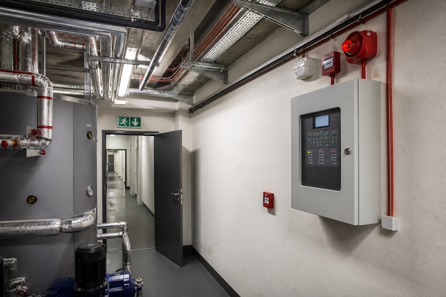 Fire alarm panel, sounders and addressable detectors in a commercial interior