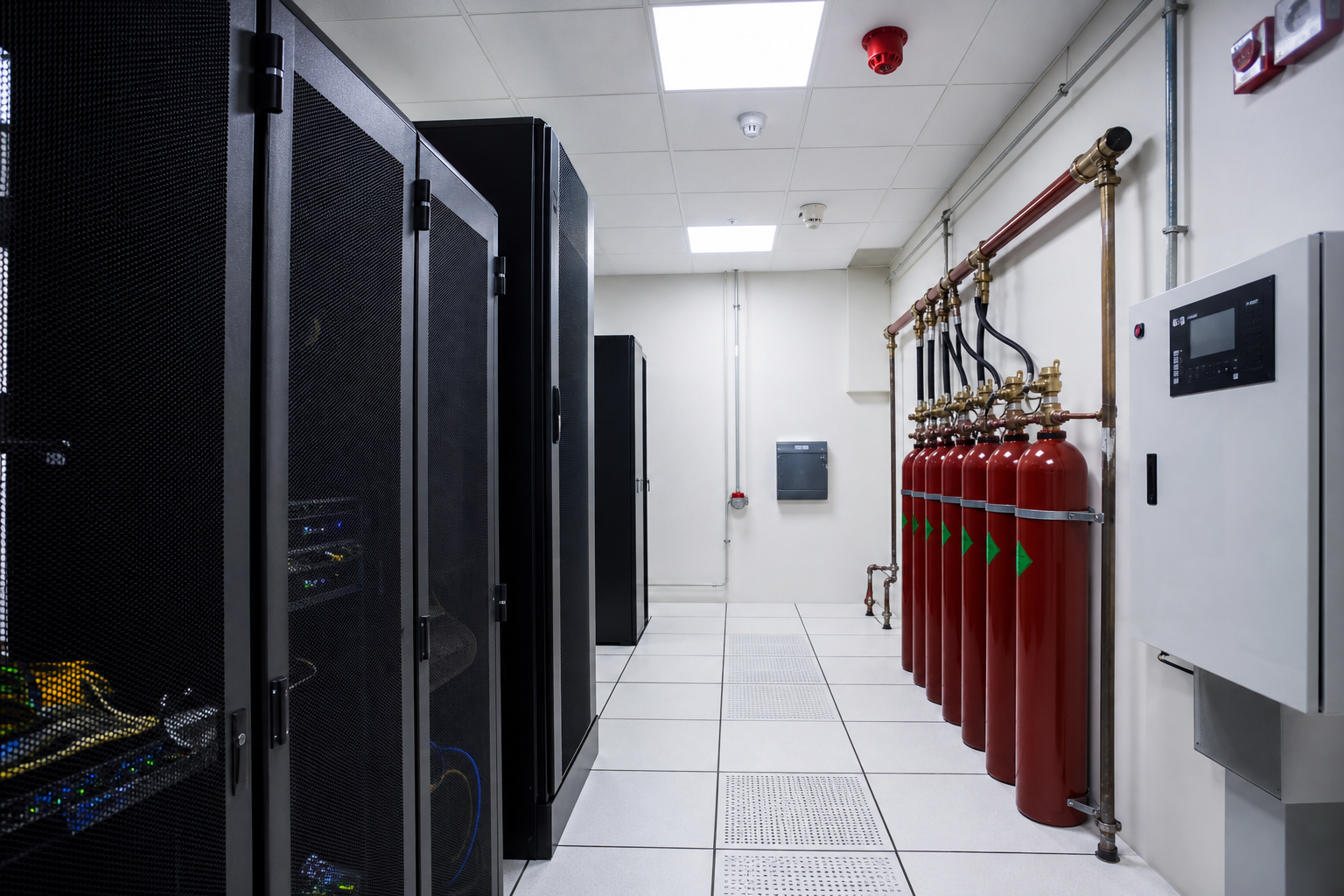 Server room with clean-agent suppression cylinders and detection