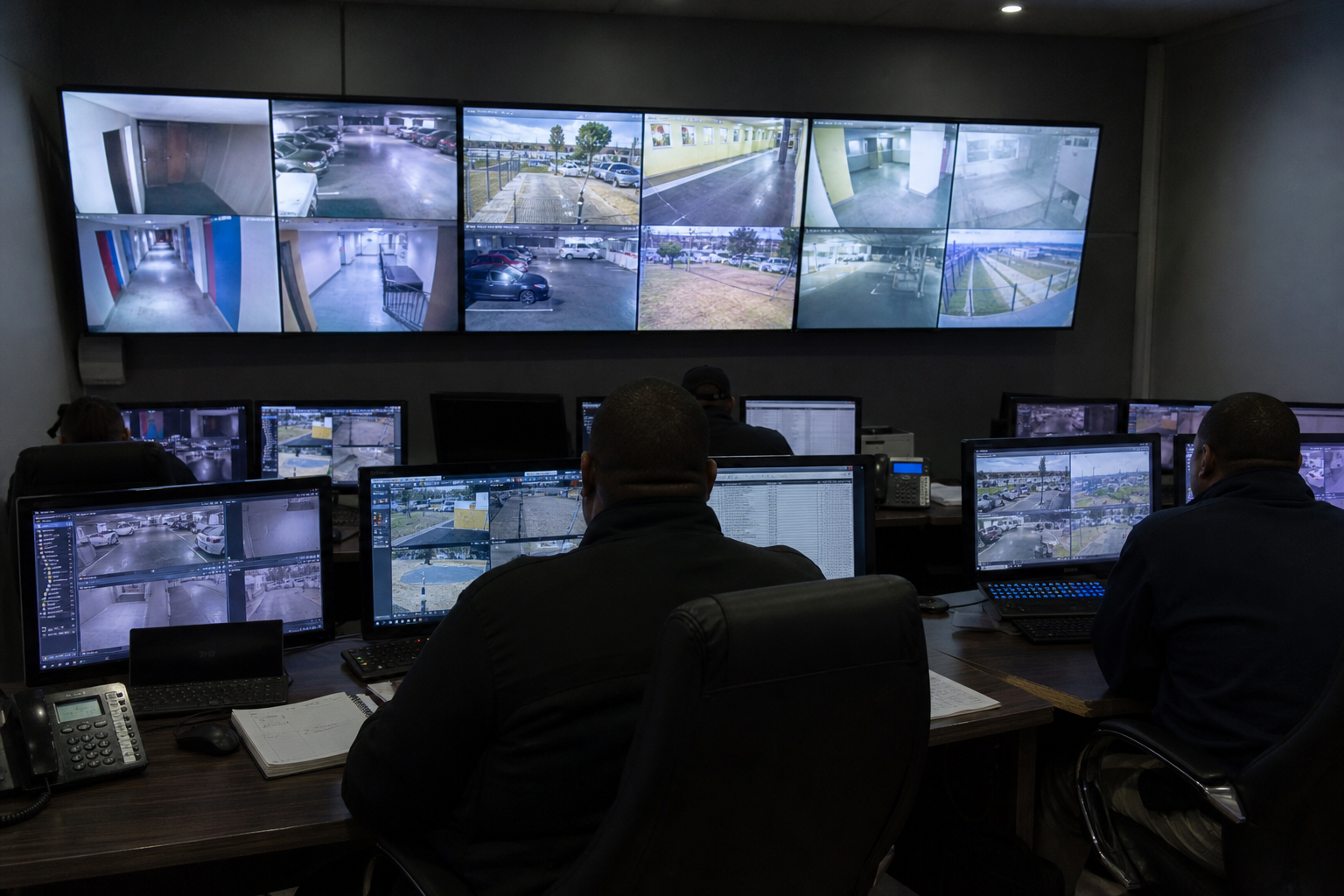 Security control room with CCTV monitors