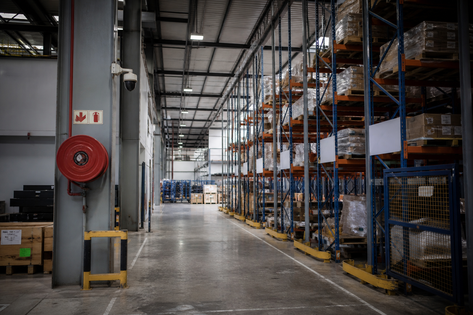 Industrial warehouse with fire and security infrastructure