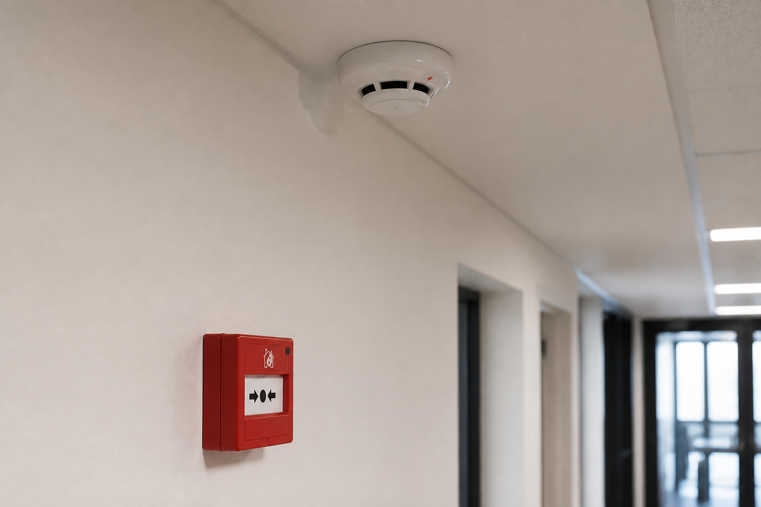 Smoke detector and manual call point in a commercial corridor
