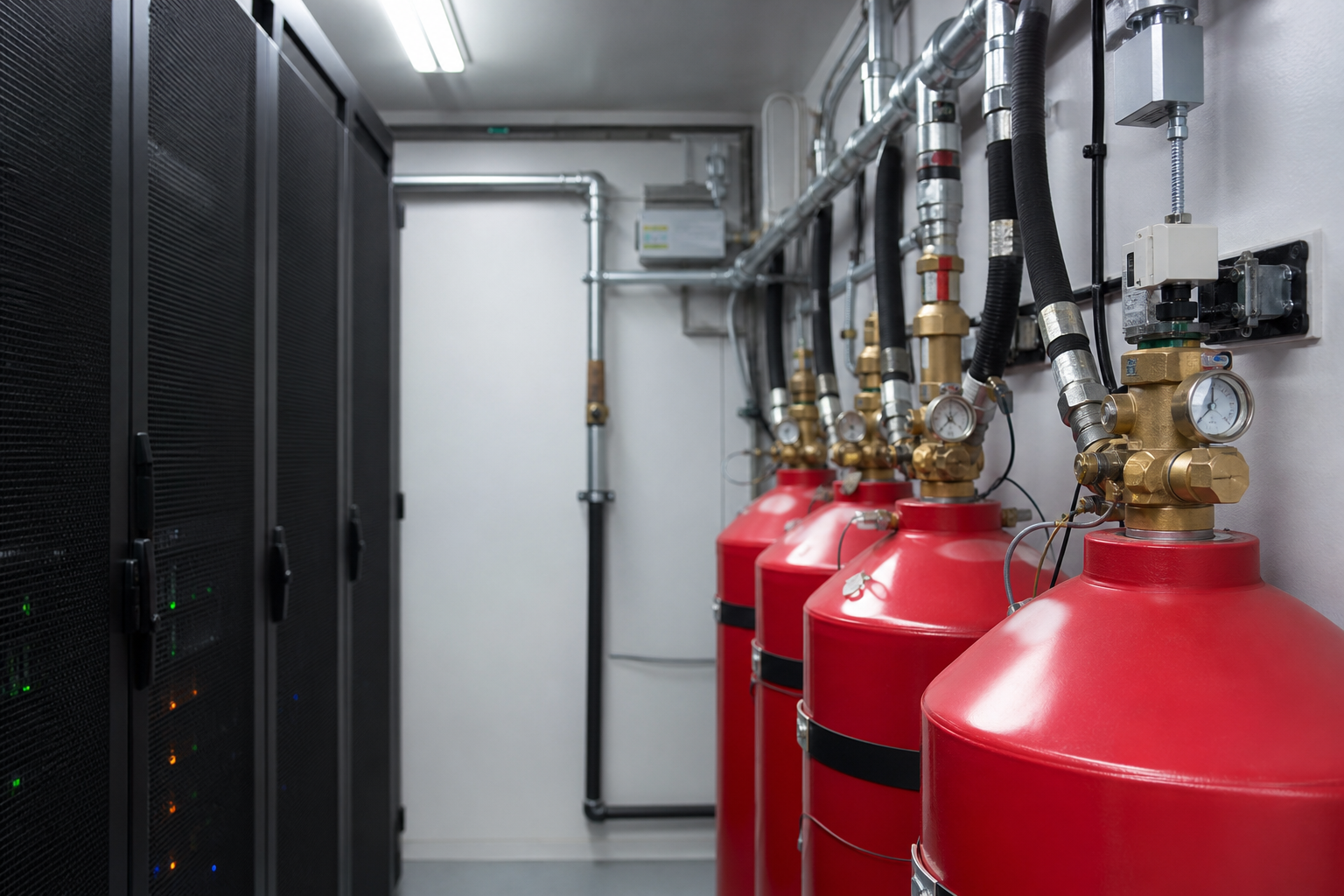 Gas suppression cylinders installed beside server racks